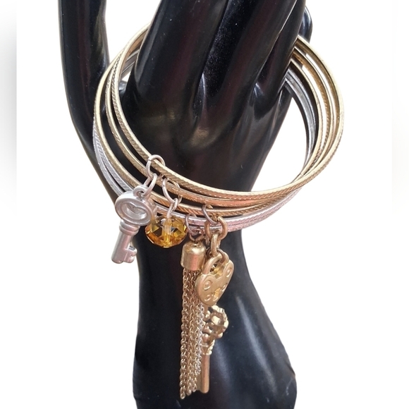 Vintage Jewelry - Gold & Silver Tone Charm Bangle Stack - Tassel, Key, & Heart Lock Dangles
